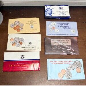 Vtg Lot of 6 1980s/90s US Mint Uncirculated coin sets & 2003 Proof set